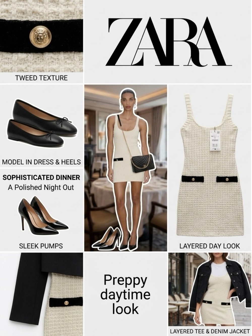 Zara Cream Tweed Mini Dress with Black Pocket Trim - Picture 2 of 7